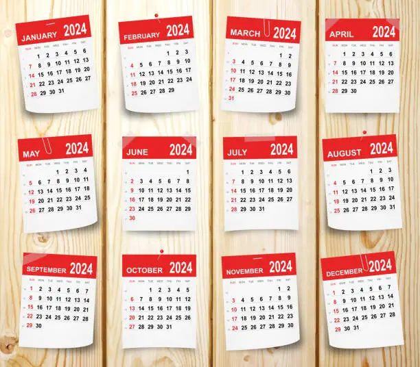 Vector illustration of Calendar 2024 isolated on wooden background