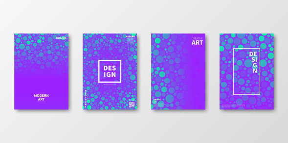 Set of four vertical brochure templates with modern and trendy backgrounds, isolated on blank background. Abstract geometric illustrations with lots of circles of different sizes, looking like bubbles. Beautiful color gradient (colors used: Green, Turquoise, Blue, Purple, Pink). Can be used for different designs, such as brochure, cover design, magazine, business annual report, flyer, leaflet, presentations... Template for your own design, with space for your text. The layers are named to facilitate your customization. Vector Illustration (EPS file, well layered and grouped). Easy to edit, manipulate, resize or colorize. Vector and Jpeg file of different sizes.