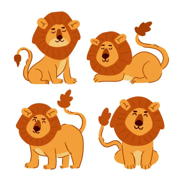Vector illustration of Lion . Set of cute cartoon characters . Hand drawn style . White isolate background . Vector .