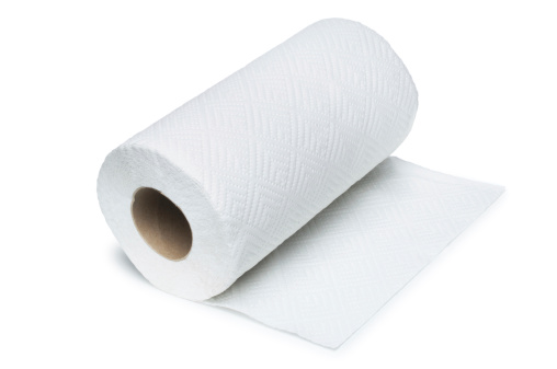 Roll of paper kitchen towel isolated on white.