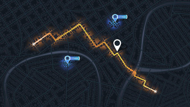 istock Location tracks dashboard. City street road. City streets and blocks, route distance data, path turns and destination tag or mark. Huge city top view. vector, illustration. Abstract background. 1677712651