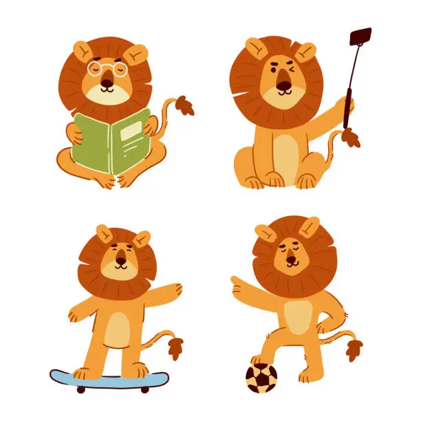 Vector illustration of Lion . Set of cute cartoon characters . Hand drawn style . White isolate background . Vector .