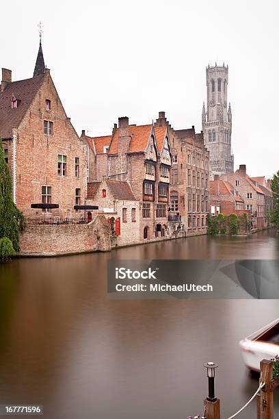 Rozenhoedkaai Misty Long Exposure Stock Photo - Download Image Now - Architecture, Belfry of Bruges, Belgium
