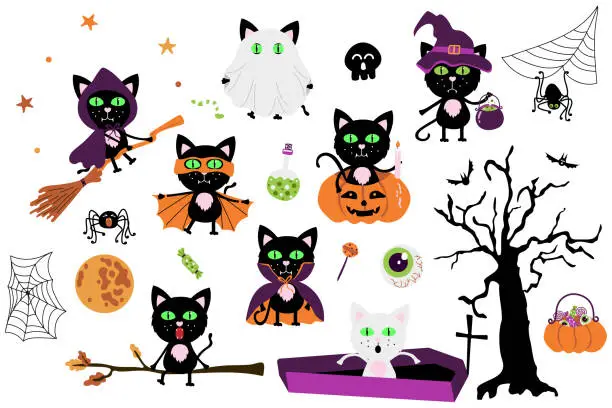 Vector illustration of Set of Happy Halloween stickers. Cute set of black cat in different poses and pumpkin, ghost, eyes, witch, cauldron, broom, sweets