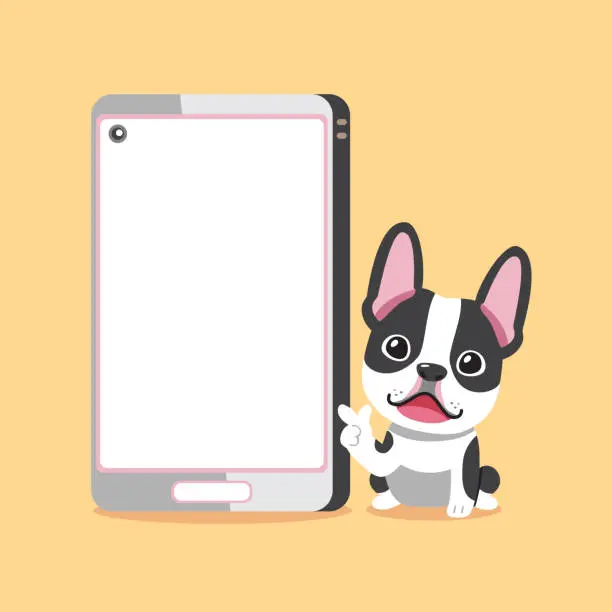 Vector illustration of Cartoon character a boston terrier dog and smartphone