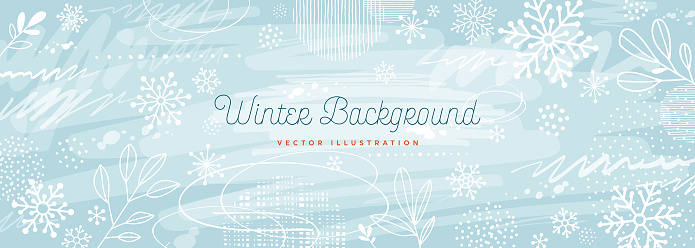 Winter background with hand drawn elements and graphic snowflakes. Modern winter background with graphic snowflakes and doodles. Vector illustration concepts for graphic and web design, social media banner, marketing material.