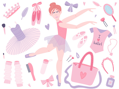 Ballet accessories vector flat style set. Tutu skirt, dancing ballerina, ballet shoe and other elements pink set