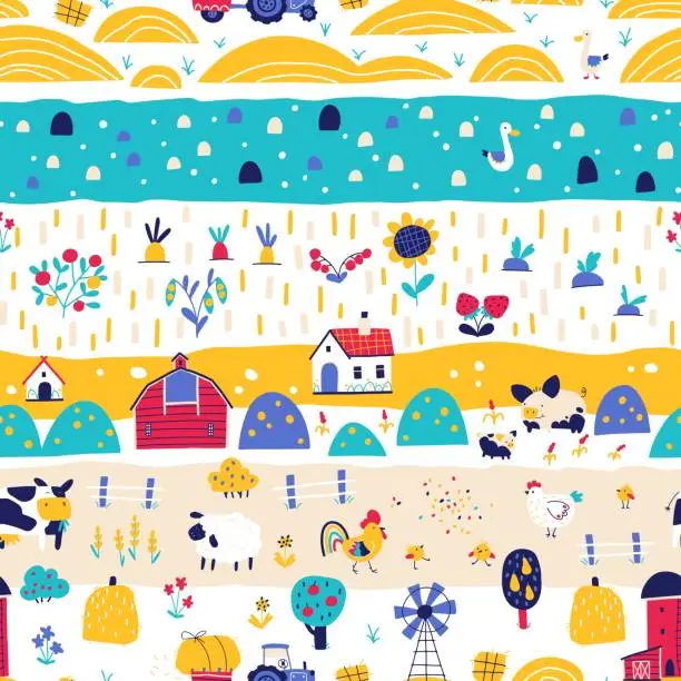 Vector illustration of Farm cartoon seamless pattern. Vector funny hand-drawn characters of domestic animals, countryside, houses and sheds with tractor and garden. Trendy doodle style, bright palette.