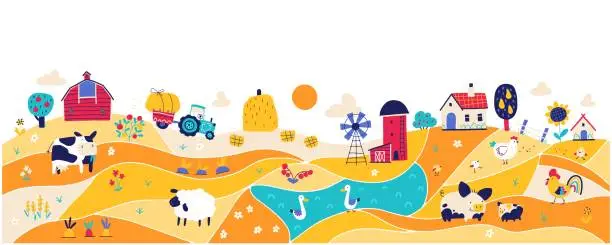 Vector illustration of Farm landscape composition. Country house and barn with funny pets and birds. Trendy doodle style, bright limited palette on white background, perfect for print.