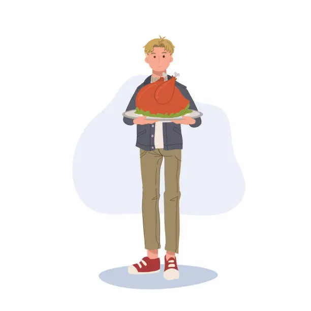 Vector illustration of Festive Holiday Cooking. man Holding Roasted Turkey  for Thanksgiving Dinner.