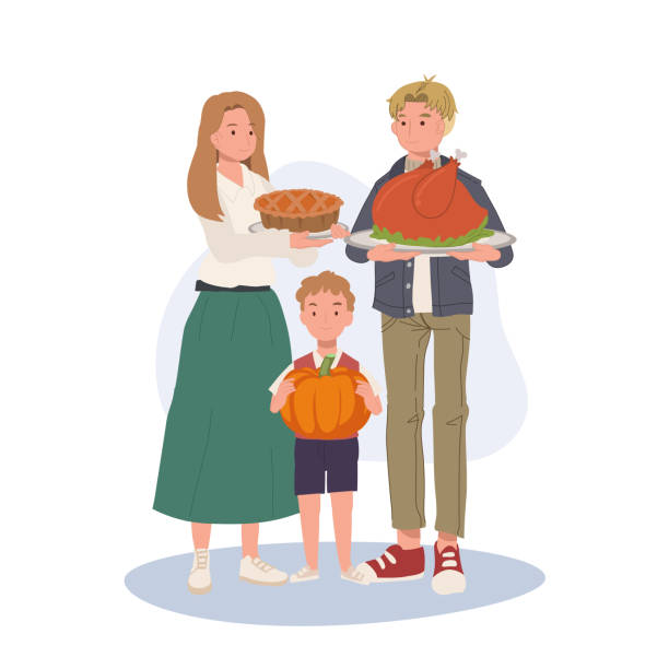 ilustracja uczta rodzinna. posiłek z okazji święta dziękczynienia . święto dziękczynienia z pieczonym indykiem i ciastem dyniowym. - roast turkey turkey cutting roasted stock illustrations