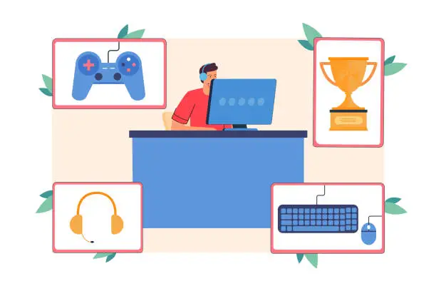 Vector illustration of Professional gamer playing computer game vector illustration
