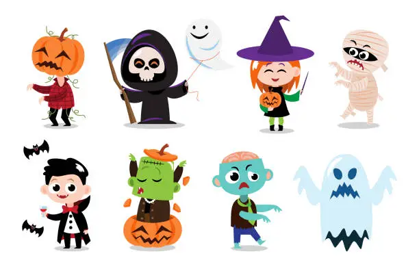 Vector illustration of Cute halloween cartoon characters . White isolated background . Vector . Set 3 of 4 .