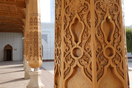 Woodcarving in the courtyard of White (Minor) Mosque in Tashkent, Uzbekistan