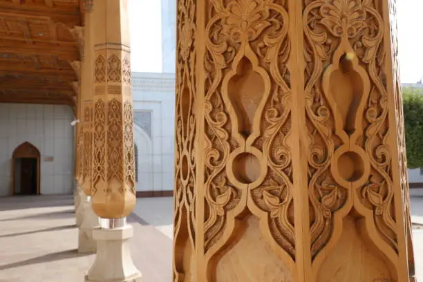 Woodcarving in the courtyard of White (Minor) Mosque in Tashkent, Uzbekistan