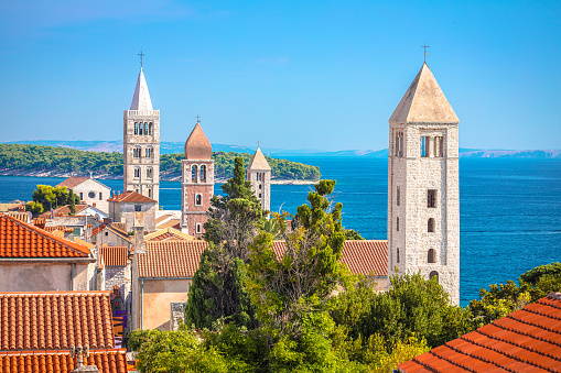 Four tower od historic Rab town view, Island of Rab, archipelago of Croatia