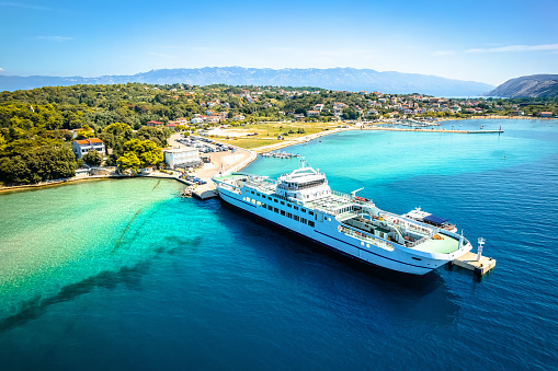 Lopar ferry harbor on Rab island aerial view, archipelago of Croatia