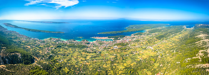 Island of Rab archipelago aerial panoramic view, scenic Adriatic coastline of Croatia
