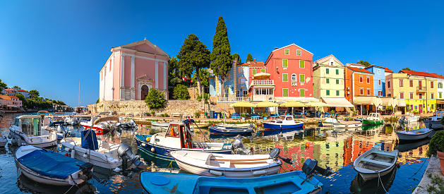 Town of Veli Losinj harbor colorful panoramic view, Island of Losinj, archipelago of Croatia