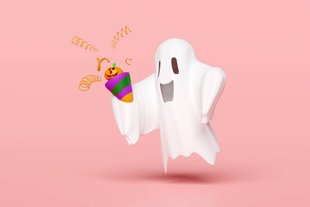 istock 3d halloween holiday party with cute ghost hand holding explosion firecracker funnel, carved pumpkin isolated on pink background. 3d render illustration 1677801662