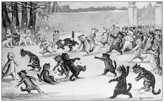 Antique image from British magazine: Cat snowball fight