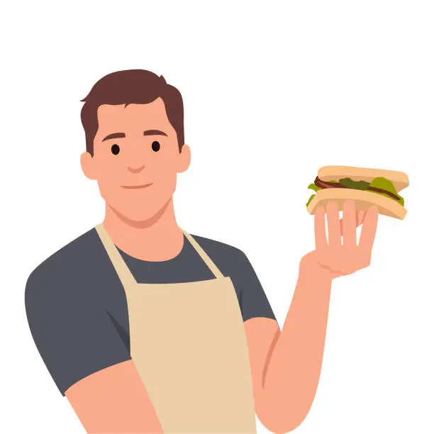 Vector illustration of Young chef man holding a sandwich. Man making sandwich.