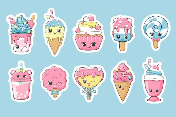 Vector illustration of Kawaii ice cream, lollipop, milk shake, shugar cotton characters. Cute cartoons isolated on white.