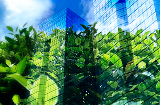 Eco-Friendly Building Modern, green leaves, Double Exposure, Defocused. Abstract Background, Environment Concept