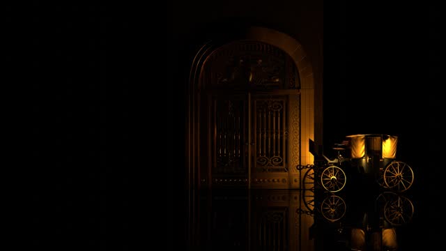 magic carriage at the gates of the palace, abstraction on a black background, background for music