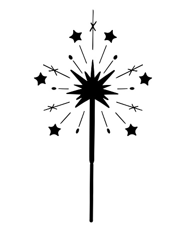 Burning sparkler. Silhouette. From a lit fire, sparks scatter in the form of stars. Pyrotechnics. Vector illustration. Isolated background.  Attribute for celebrating a festive event. Idea for web design.