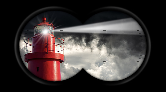 Binoculars Point of View with a Red Lighthouse and Storm Clouds