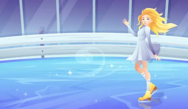 Vector illustration of Girl figure skater on skates greets with hand on ice skating rink. Vector background for sports winter games, events, sports complexes, figure skating in cartoon style