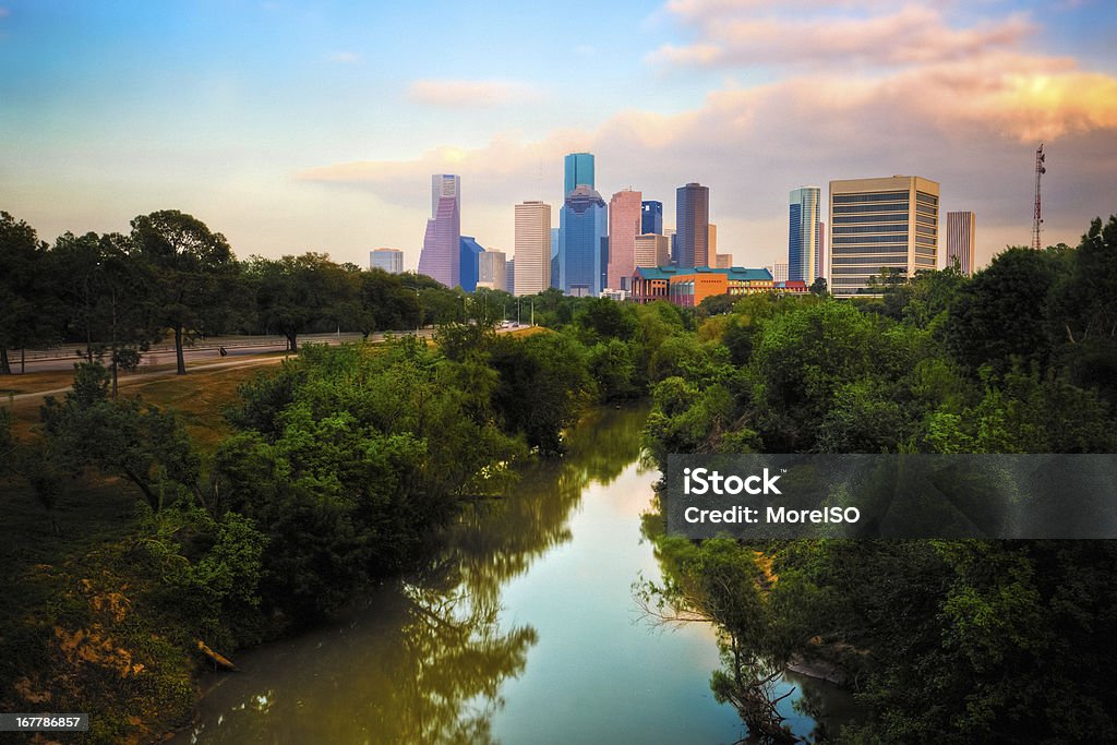 Houston Skyline at Sunset Houston Skyline at Sunset. Digital noise added. Houston - Texas Stock Photo