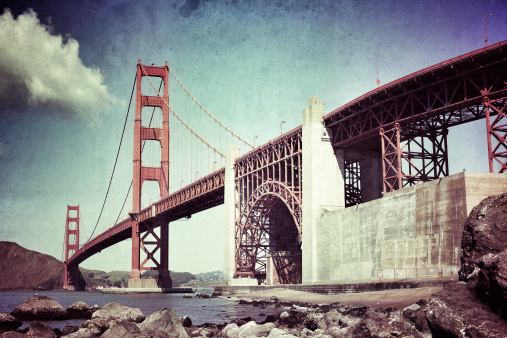 Golden Gate Bridge. Texture and grain added for the retro look.