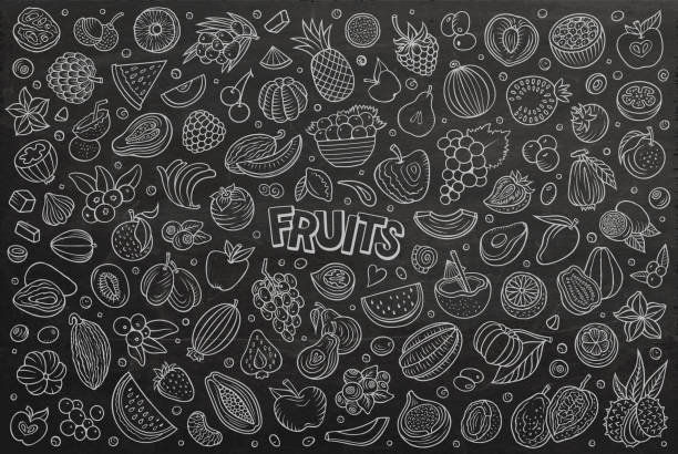 ilustraciones, imágenes clip art, dibujos animados e iconos de stock de cartoon fresh fruits objetos y símbolos doodle set - plum grape fruit clip art