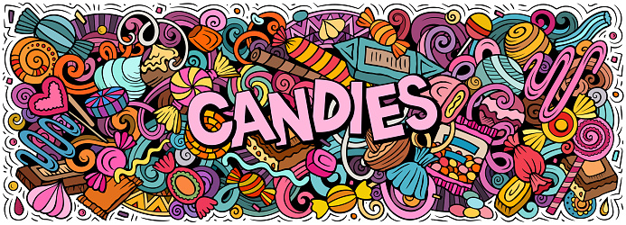 Cartoon vector Candies doodle illustration features a variety of sweet food objects and symbols. Bright colors whimsical funny picture.