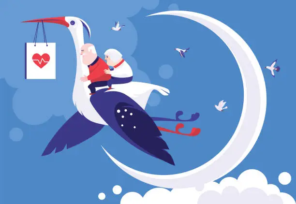 Vector illustration of senior couple riding stork which holding shopping bag and flying over moon