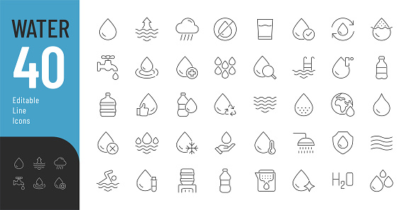 Vector illustration in modern thin line style of aqua related icons: water bottles, cleaning and other characteristics. Pictograms and infographic. Isolated on white.