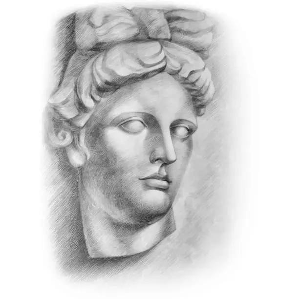 Vector illustration of Ancient Greece. Antique sculpture of the head of Apollo on a white background. Classic author's hand drawing.