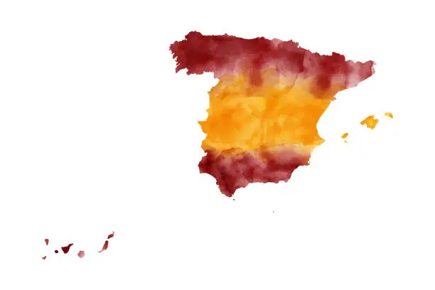 Vector illustration of Watercolor Map of Spain, Red, Yellow Spanish Map Painting