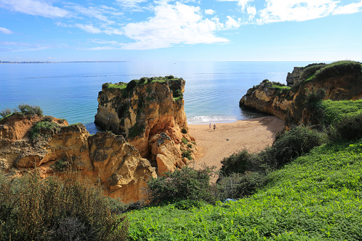 Lagos, Algarve, Portugal- October 20, 2022: Natural features, cliffs and limestone formations of Ponta da Piedade in the Algarve, Portugal