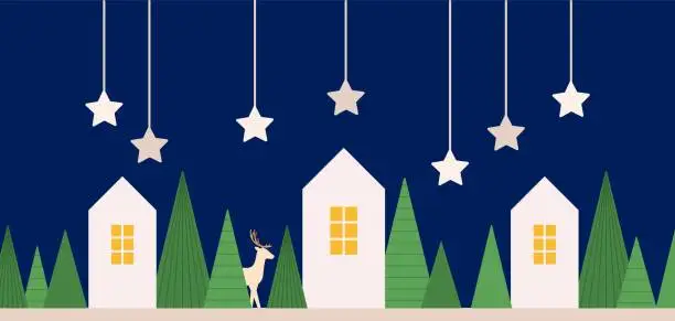 Vector illustration of Winter village abstract concept. Tiny houses, fir tree and deer, stars on night sky. Christmas and new year decoration, vector scene graphic