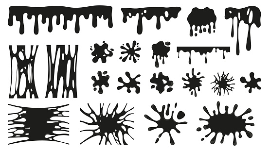 Splashes, blobs and slime puddles. Liquid elements, ink blob and drips. Dripping elements, black oil melting or water silhouettes vector clipart of blob liquid slime drip illustration
