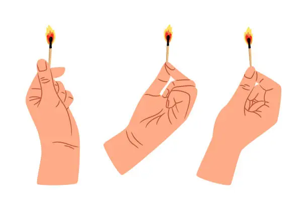 Vector illustration of Hand holding a burning matchstick. Expressive gesture with match in fire, flame