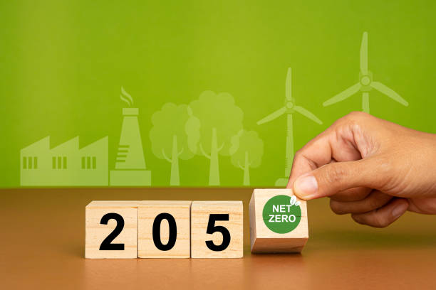istock Net-zero emissions in 2050. Wooden cubes with text 2050 and Net-zero icons 1677923656