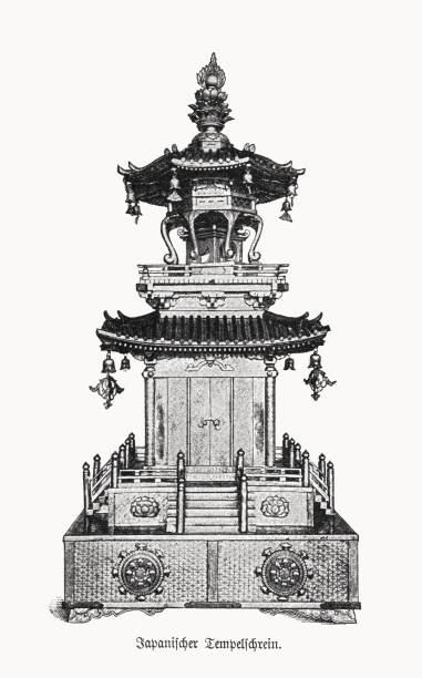 Modelo antiguo de una pagoda japonesa, impresión de medios tonos, publicado en 1900 - ilustración de arte vectorial