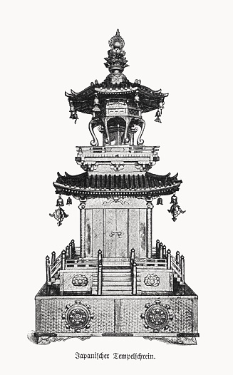 Antique model of a Japanese pagoda in miniature form as a precious item. Halftone print after a photograph, published in 1900.