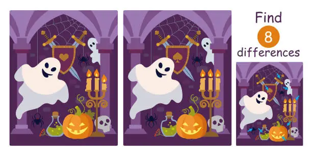 Vector illustration of Cute cartoon ghost in gothic castle with pumpkin, skull, potion, spiders, candles, shield and crossed swords. Halloween flat color vector illustration. Find differences, education game for children.