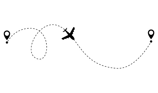 Airplane dotted route line. Path travel line shape. Flight route with start point and dash line trace for plane isolated vector illustration.