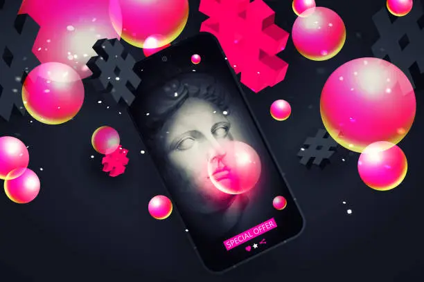 Vector illustration of Discount concept in modern style. Special offer. Antique sculpture of Apollo's head with chewing gum on a mobile phone screen on an abstract dark background with hashtags.